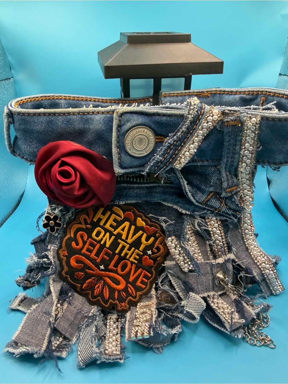 Women's Denim Statement Jeans with Red Rose Accent